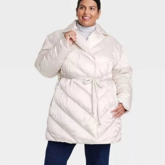 Puffer - Jacket 2X 3X White Cream Snap Car Winter Coat Quilted Belted Mid New - Picture 1 of 5